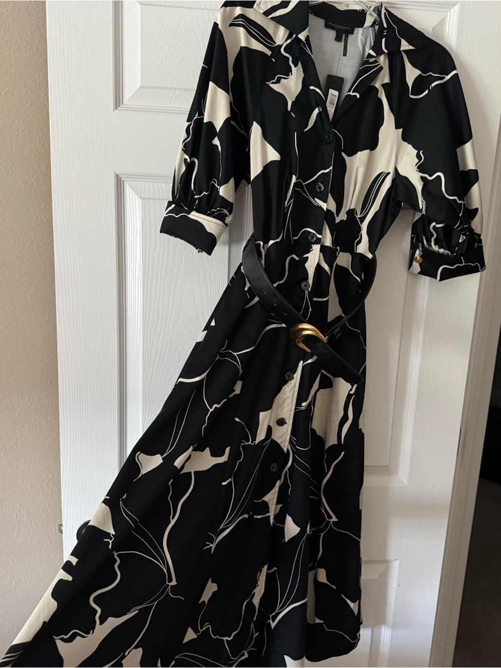 NWT Donna Karan Black and Cream Floral Midi Shirt Dress - Picture 3 of 8